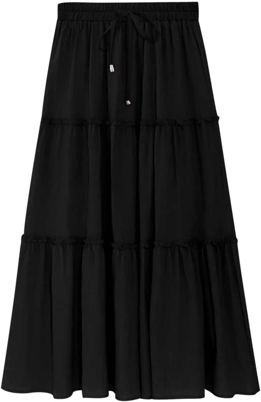 Women's Flowy Boho Maxi Skirt Elastic High Waist Tie A Line Dress Pleated Tiered Summer Casual Beach Long Skirts