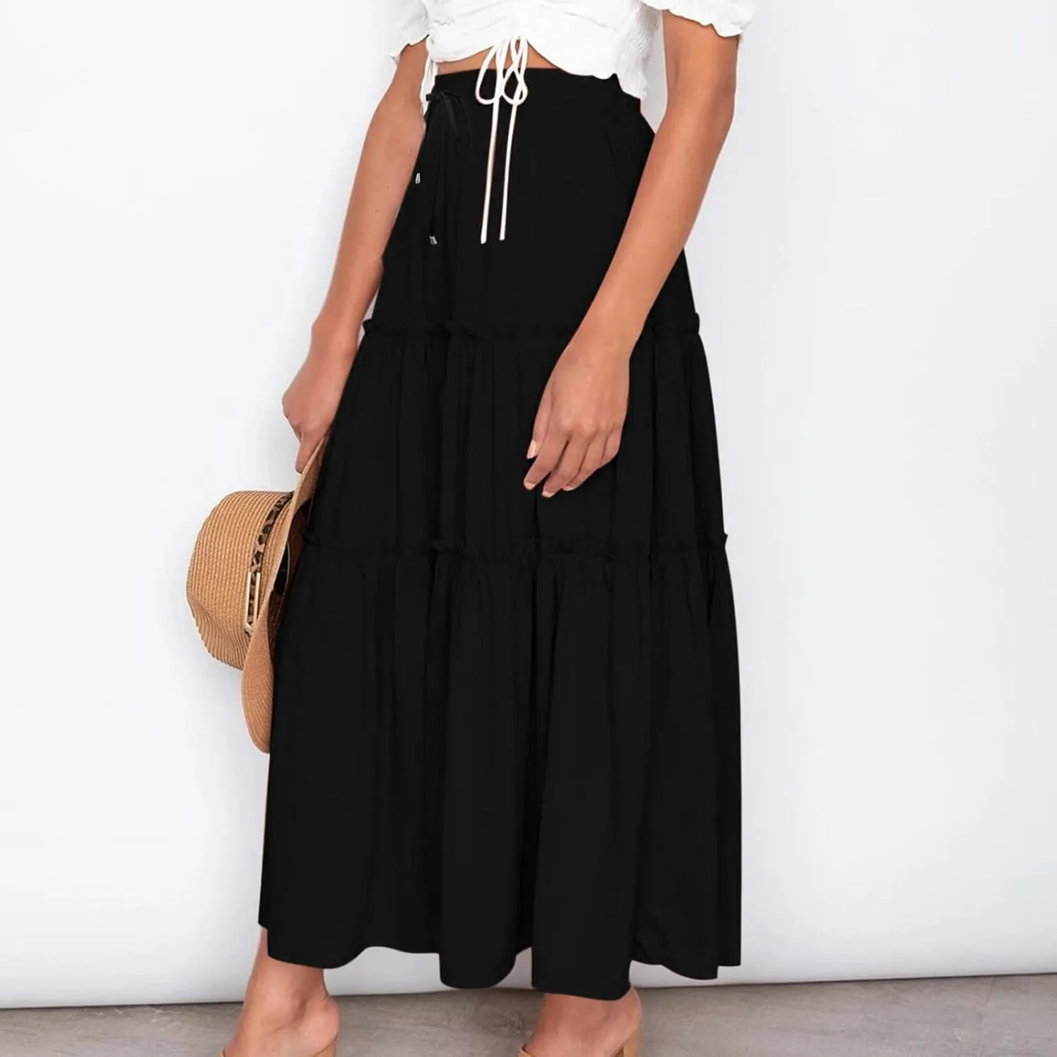 Women's Flowy Boho Maxi Skirt Elastic High Waist Tie A Line Dress Pleated Tiered Summer Casual Beach Long Skirts