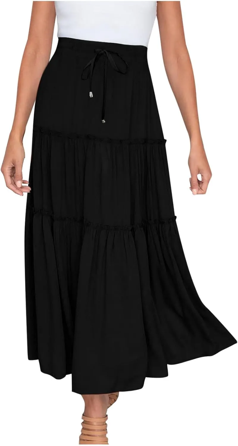 Women's Flowy Boho Maxi Skirt Elastic High Waist Tie A Line Dress Pleated Tiered Summer Casual Beach Long Skirts
