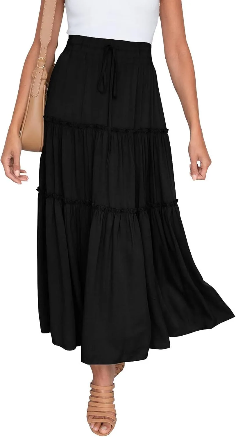 Women's Flowy Boho Maxi Skirt Elastic High Waist Tie A Line Dress Pleated Tiered Summer Casual Beach Long Skirts