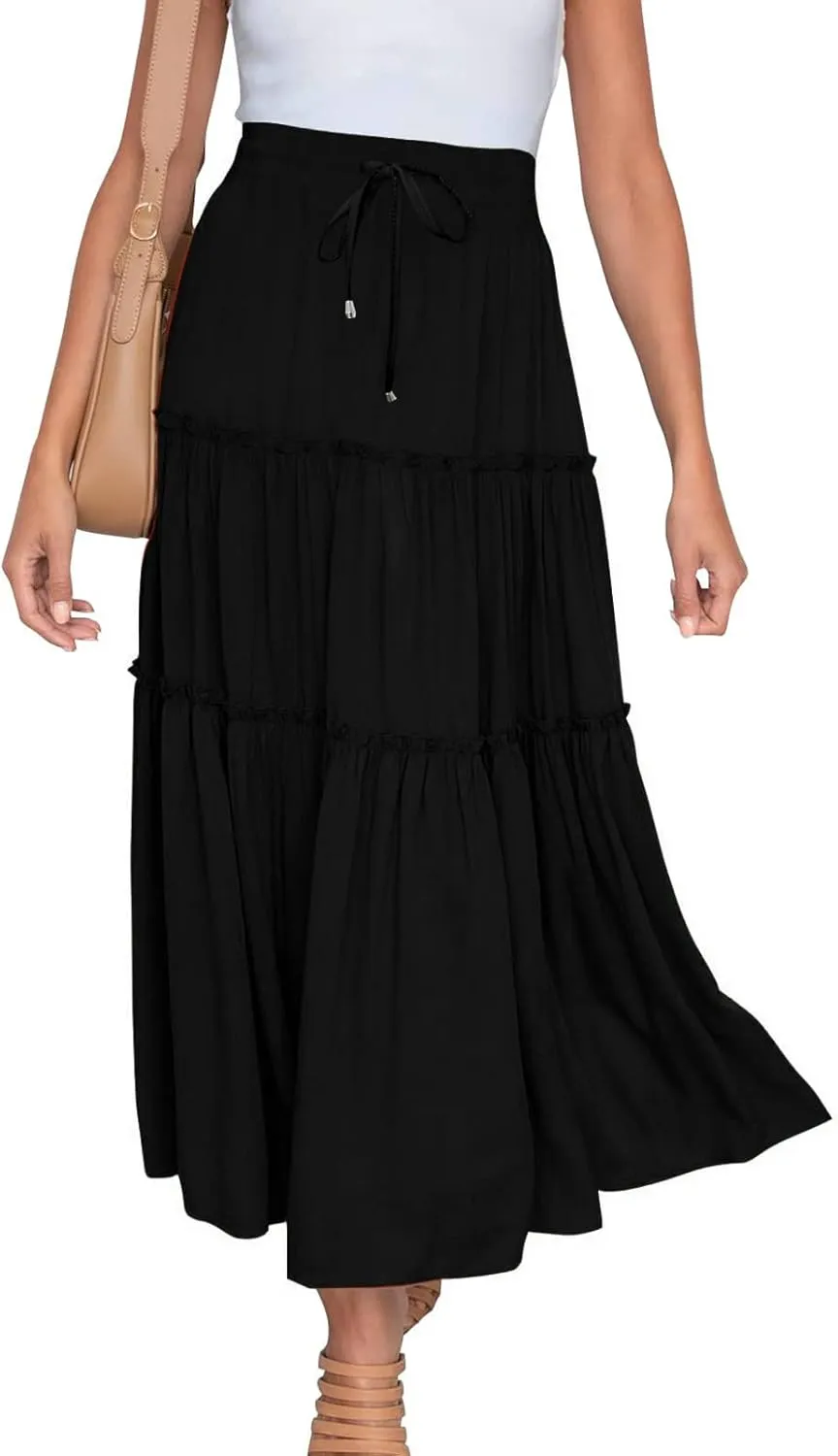 Women's Flowy Boho Maxi Skirt Elastic High Waist Tie A Line Dress Pleated Tiered Summer Casual Beach Long Skirts