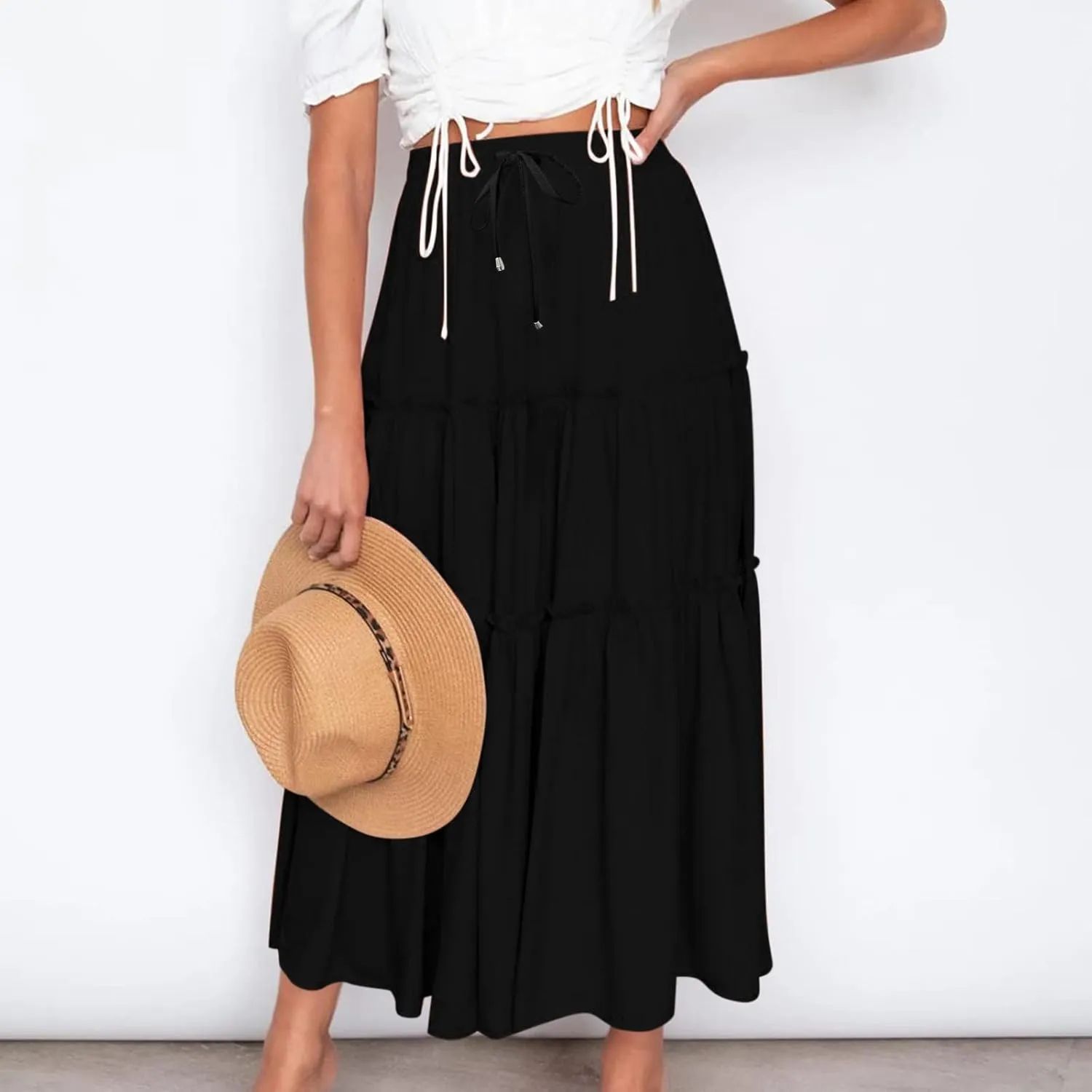 Women's Flowy Boho Maxi Skirt Elastic High Waist Tie A Line Dress Pleated Tiered Summer Casual Beach Long Skirts