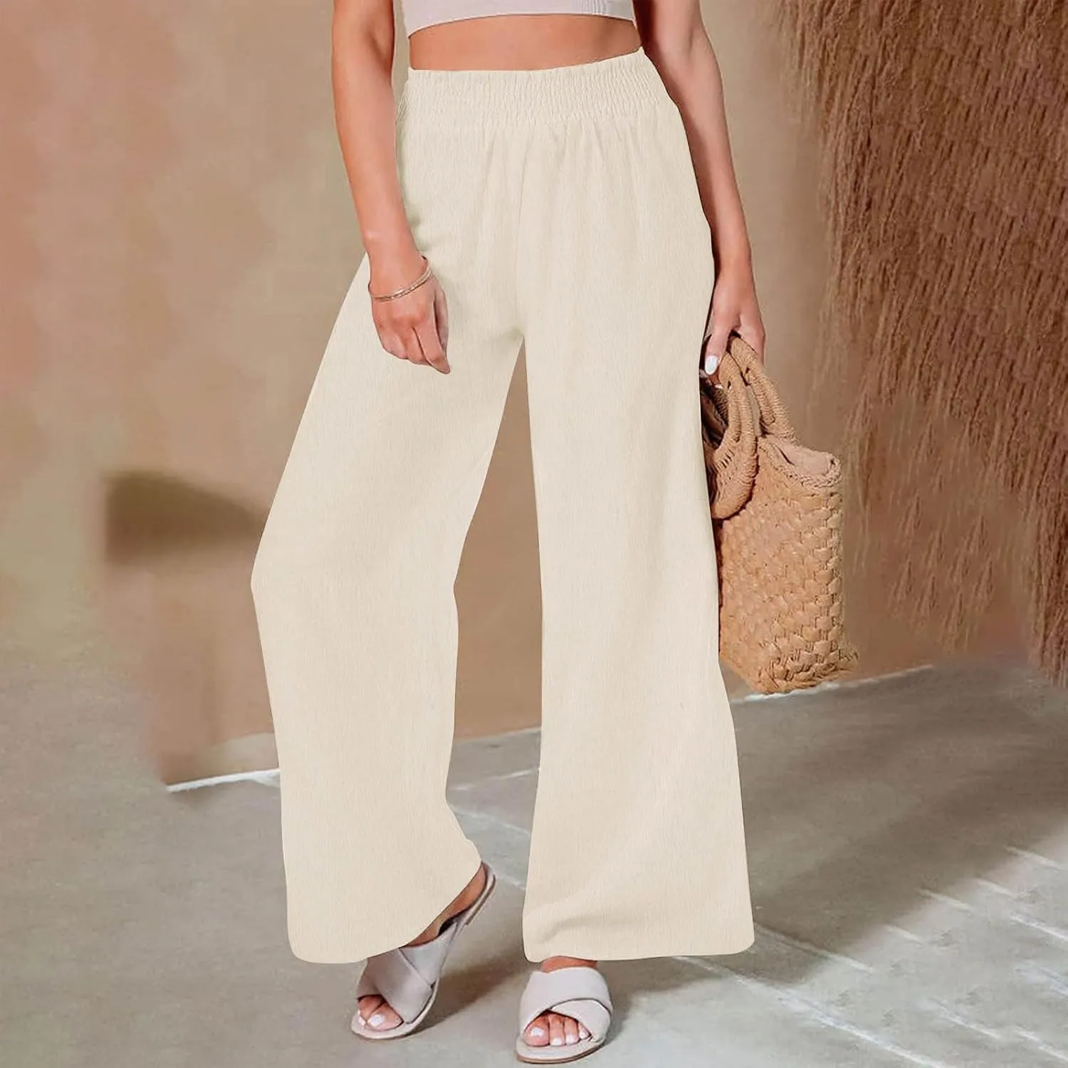 Women's Flowy Wide Leg Boho Yoga Pants, High Elastic Waist Baggy Solid Casual Trouser, Summer Fashion Work Pant