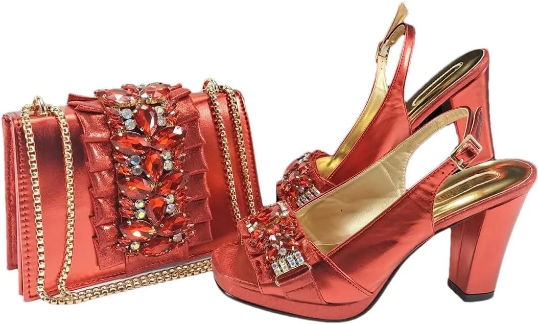 WomenS Gold Rhinestone High Heels and Matching Bag Set with Square Heel for Elegant Parties