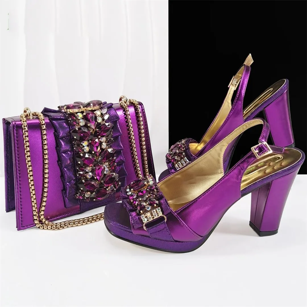 WomenS Gold Rhinestone High Heels and Matching Bag Set with Square Heel for Elegant Parties