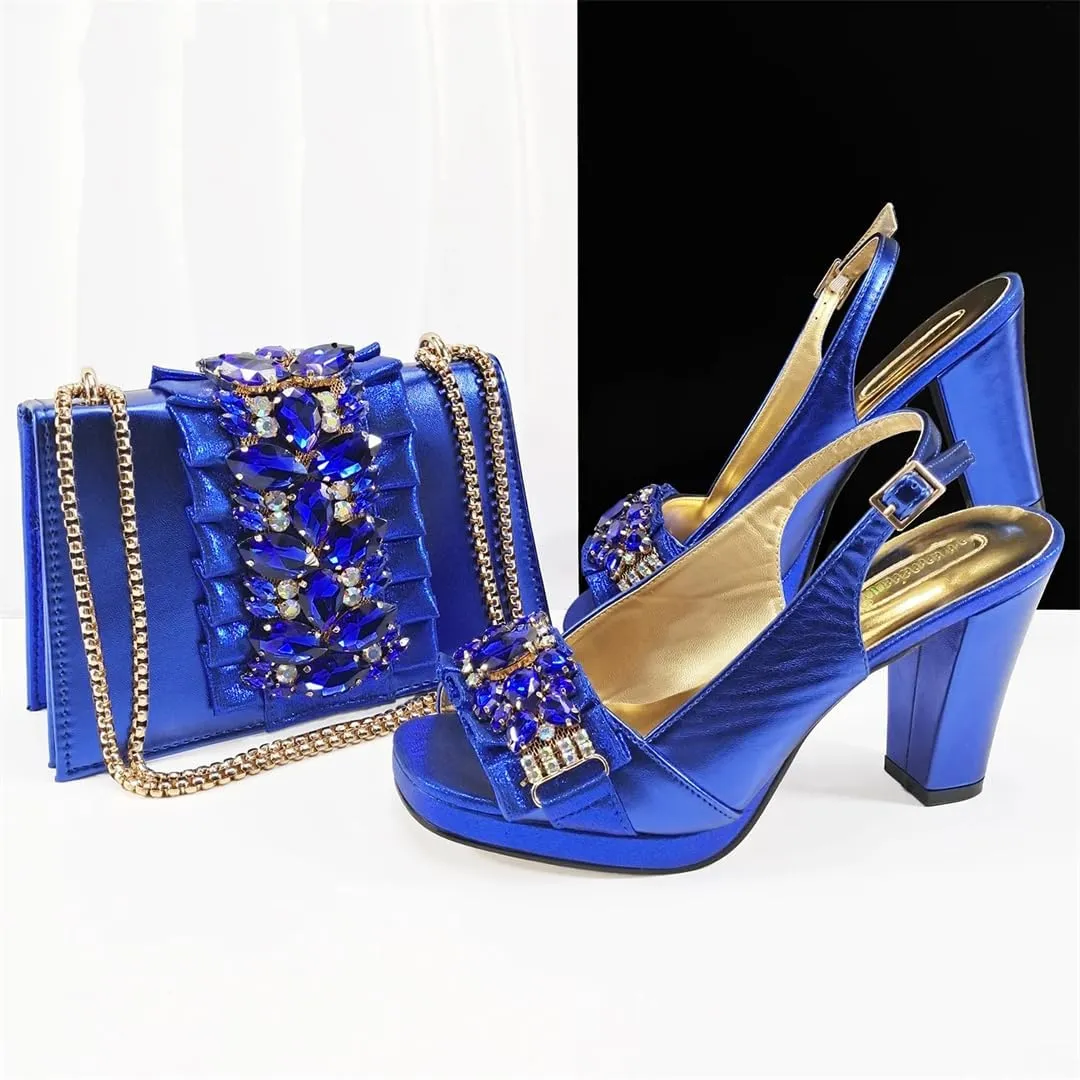 WomenS Gold Rhinestone High Heels and Matching Bag Set with Square Heel for Elegant Parties