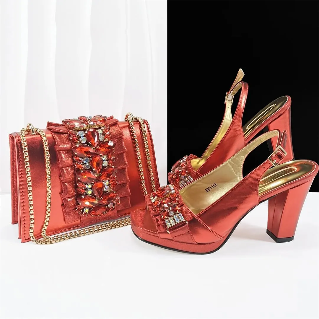 WomenS Gold Rhinestone High Heels and Matching Bag Set with Square Heel for Elegant Parties