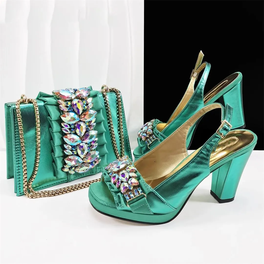 WomenS Gold Rhinestone High Heels and Matching Bag Set with Square Heel for Elegant Parties