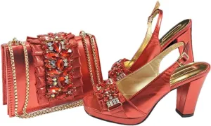 WomenS Gold Rhinestone High Heels and Matching Bag Set with Square Heel for Elegant Parties
