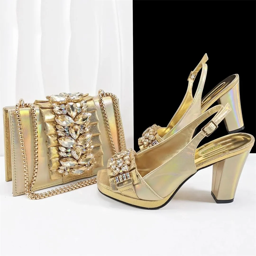 WomenS Gold Rhinestone High Heels and Matching Bag Set with Square Heel for Elegant Parties