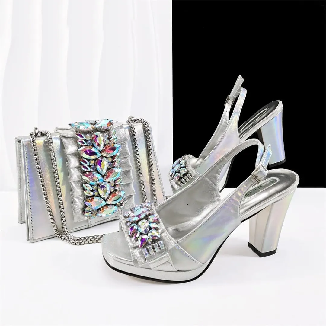 WomenS Gold Rhinestone High Heels and Matching Bag Set with Square Heel for Elegant Parties