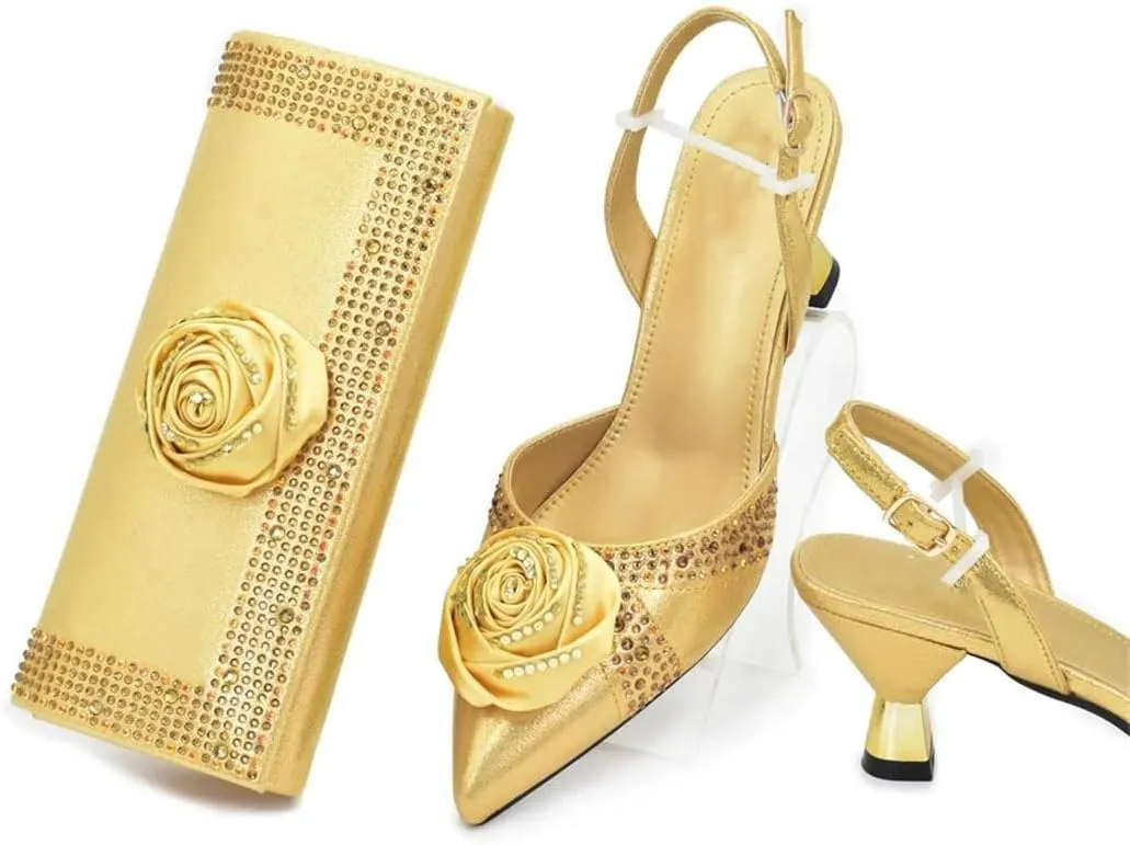 WomenS Handmade Flowers Shoes and Bags Set for Party Wedding Spike Heels Slingbacks Pumps with Matching Clutch