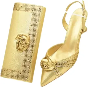 WomenS Handmade Flowers Shoes and Bags Set for Party Wedding Spike Heels Slingbacks Pumps with Matching Clutch