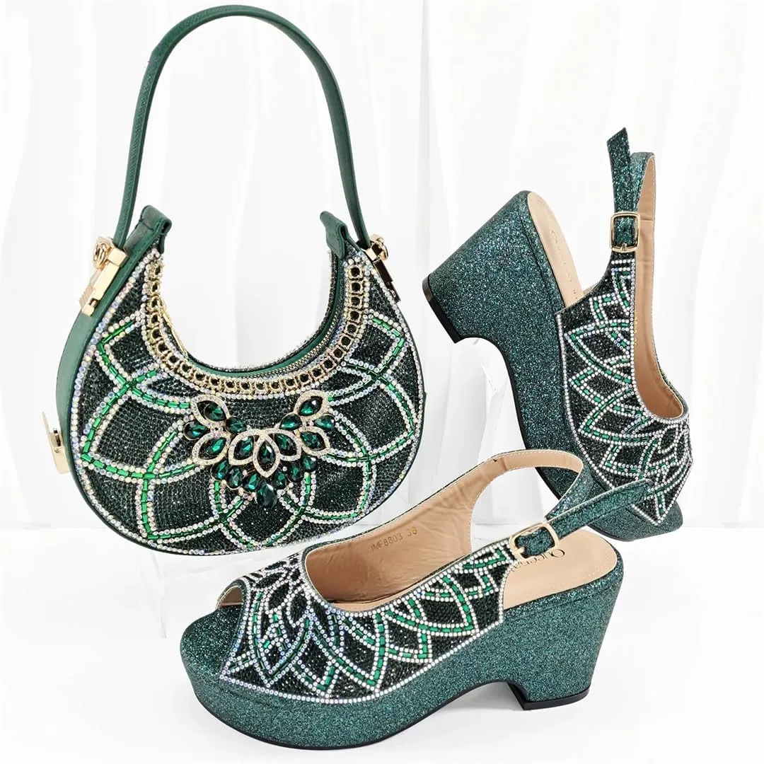 WomenS High-End Imitation Diamond Pointed High-Heeled Shoes with Hollowed Out Design Evening Bag Slip-On Peep Toe