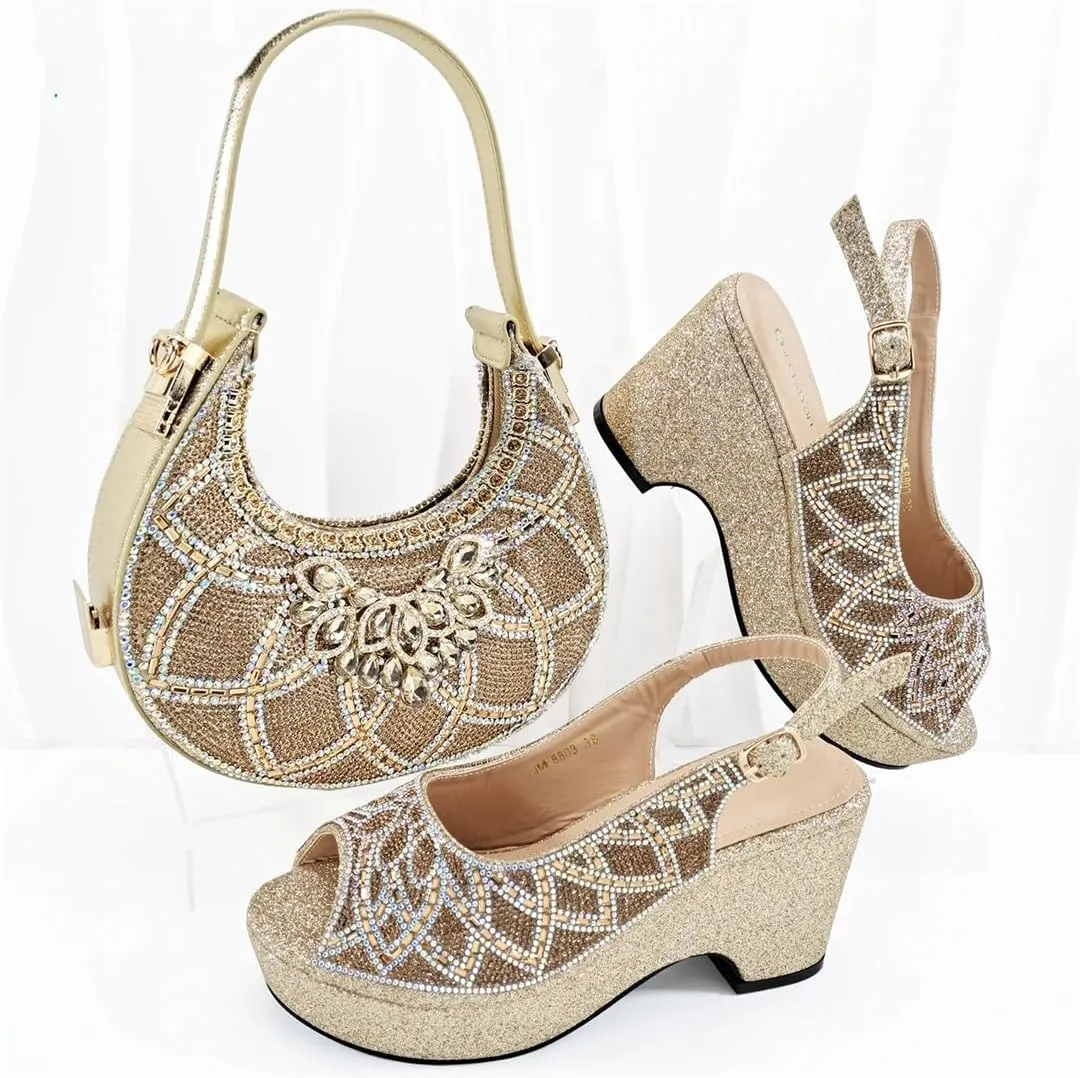 WomenS High-End Imitation Diamond Pointed High-Heeled Shoes with Hollowed Out Design Evening Bag Slip-On Peep Toe