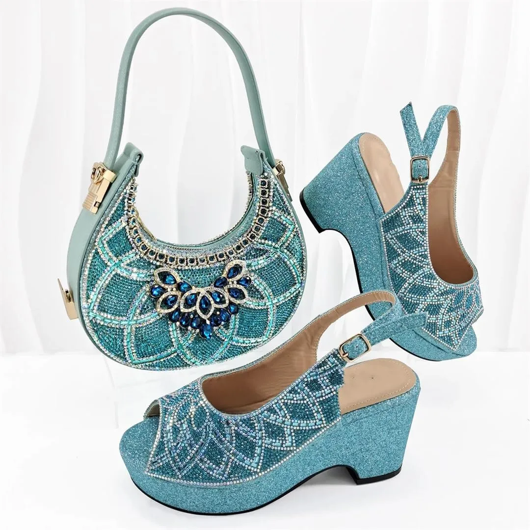 WomenS High-End Imitation Diamond Pointed High-Heeled Shoes with Hollowed Out Design Evening Bag Slip-On Peep Toe