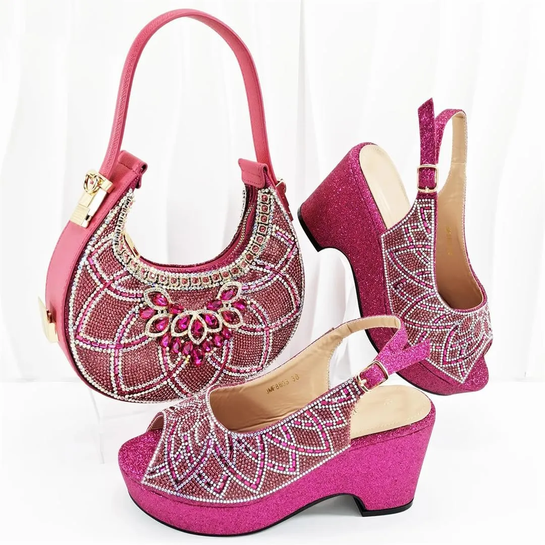 WomenS High-End Imitation Diamond Pointed High-Heeled Shoes with Hollowed Out Design Evening Bag Slip-On Peep Toe