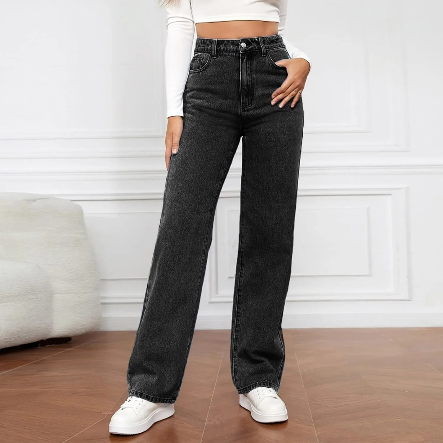 Women's High Waisted Straight Leg Jeans Pants Trendy with Pockets Skinny Stretch Ripped Jeans Destroyed Denim Pants