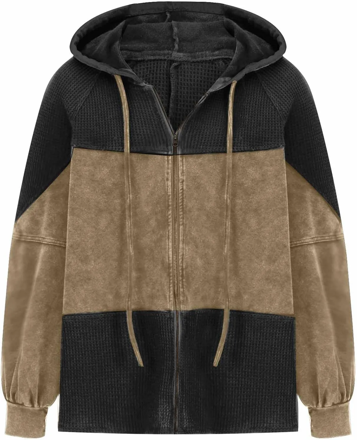 Womens Hoodies Long Sleeve Oversized Sweatshirt Zip Up Waffle Jacket Drawstring Colorblock Patchwork Hoodie Loose Coat