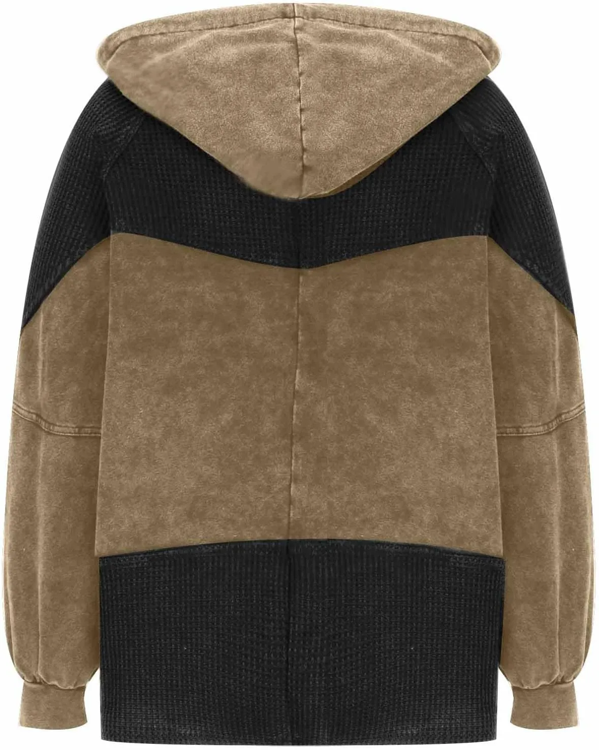 Womens Hoodies Long Sleeve Oversized Sweatshirt Zip Up Waffle Jacket Drawstring Colorblock Patchwork Hoodie Loose Coat