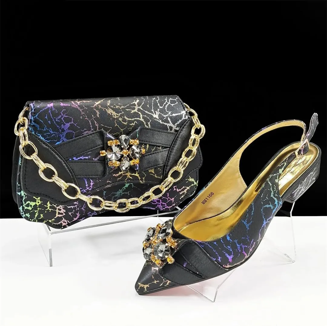 WomenS Italian Designer Comfortable Heel Crystal Shoes and Evening Bag Set Square Heel Pointed Toe Buckle Strap