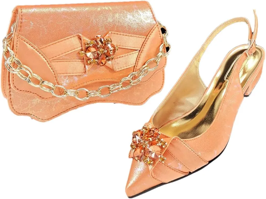 WomenS Italian Designer Comfortable Heel Crystal Shoes and Evening Bag Set Square Heel Pointed Toe Buckle Strap