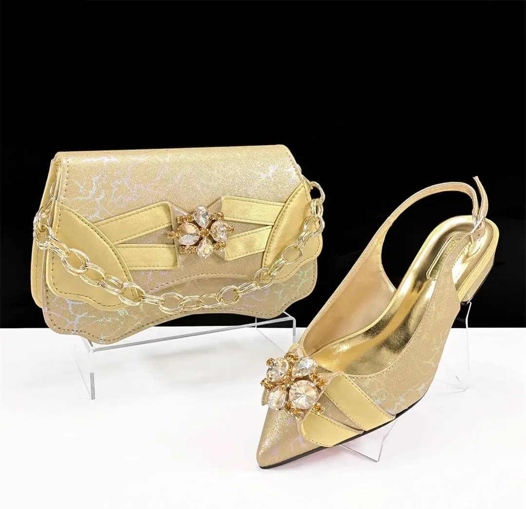 WomenS Italian Designer Comfortable Heel Crystal Shoes and Evening Bag Set Square Heel Pointed Toe Buckle Strap