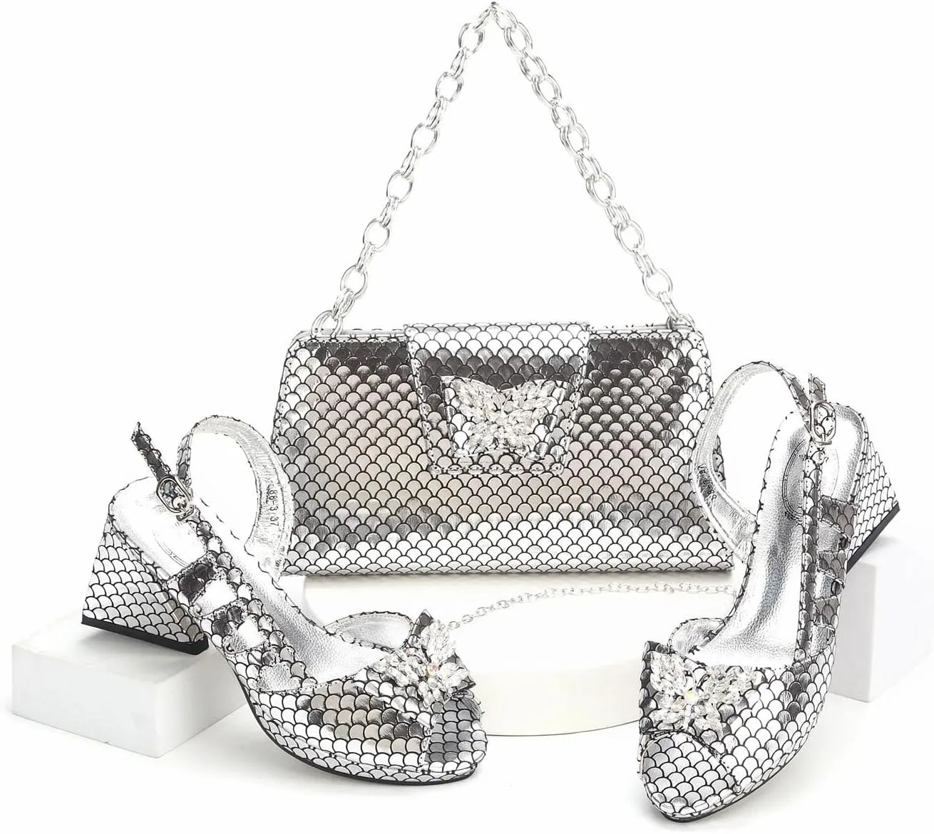 Womens Italian Inspired Crystal Decorated Wedding Shoes and Shoulder Bag Set Pointed Toe High Heels for Bride