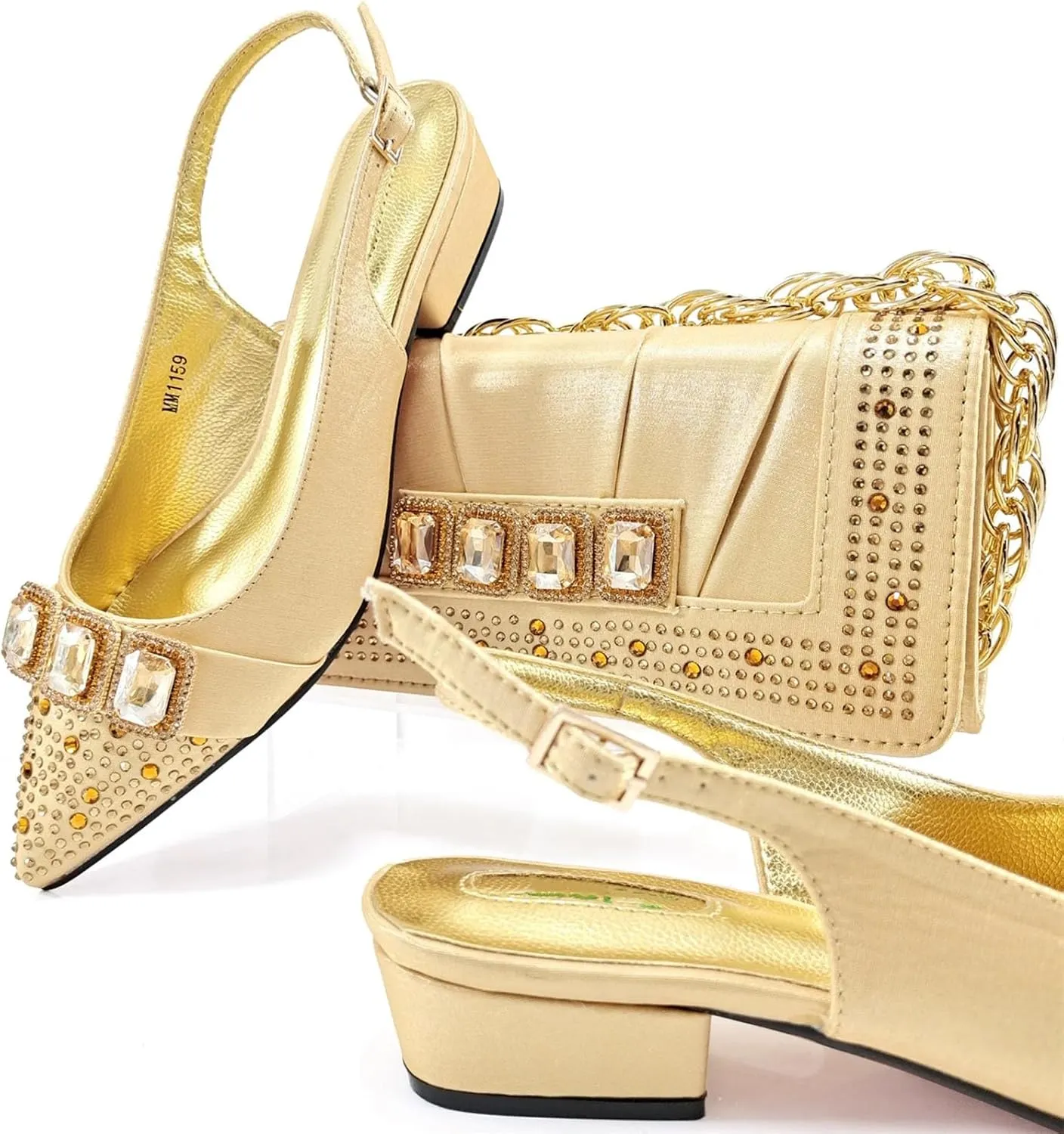 Womens Italian Style Luxury Wedding Shoes and Matching Shoulder Bag Combo Rhinestone Decorated Heels for Bride