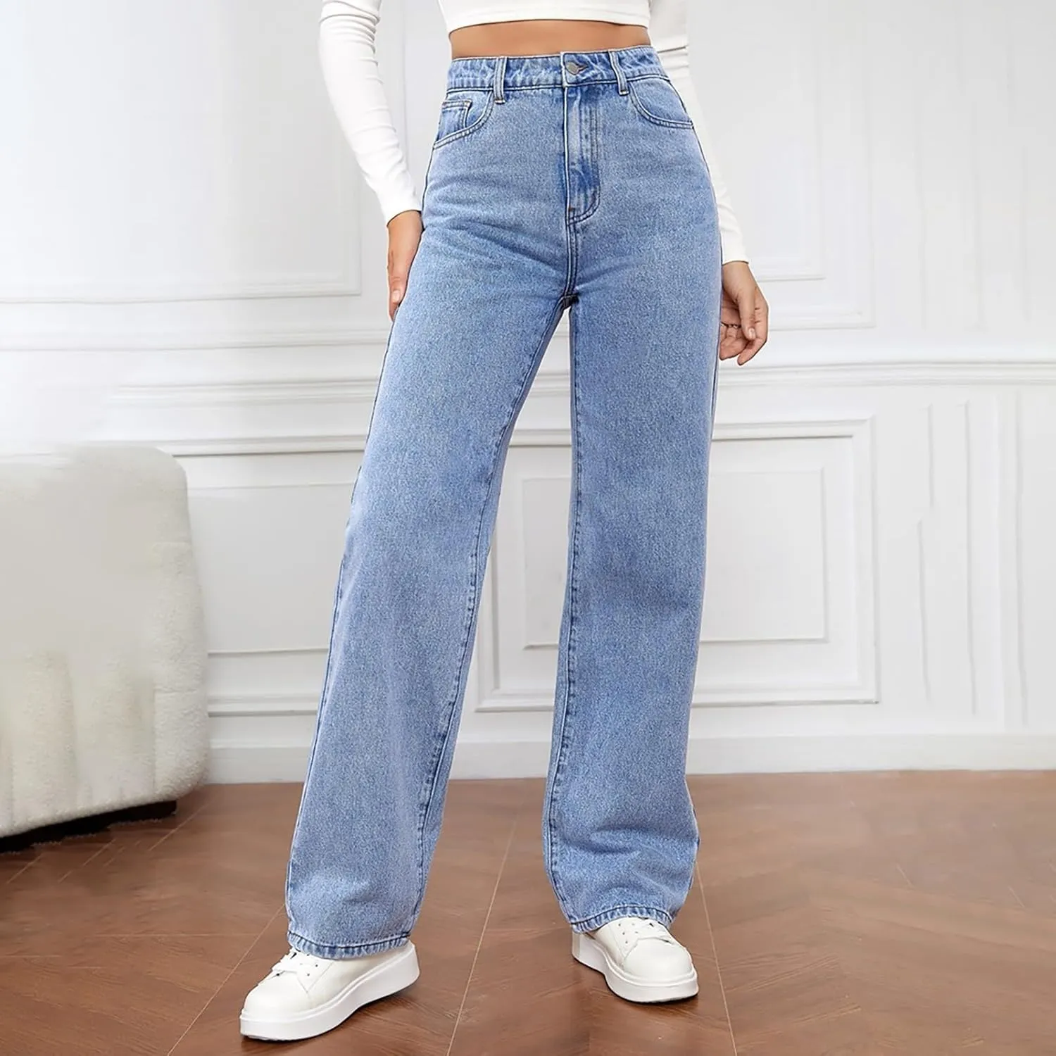 Womens Jeans High Waisted Straight Leg Loose Stretchy Lightweight Tummy Control Trendy Jeans Baggy Casual Denim Pants