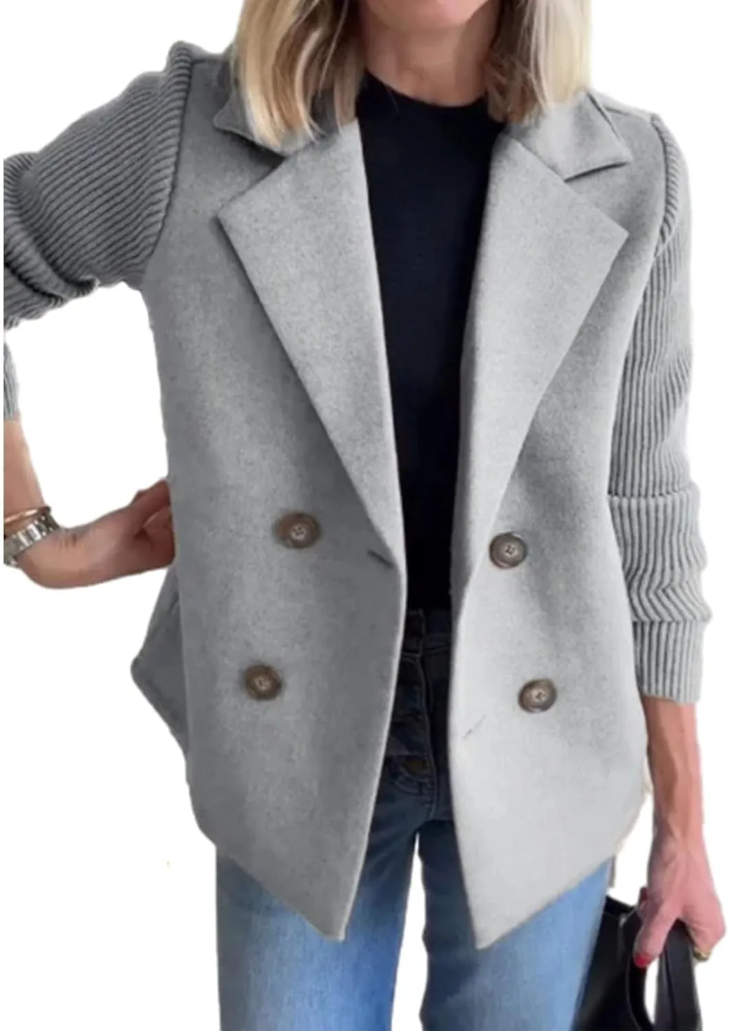 Women's Lapel Button Knitted Patchwork Sleeve Casual Coat Cropped, Patchwork Double Breasted Blazer Sweater