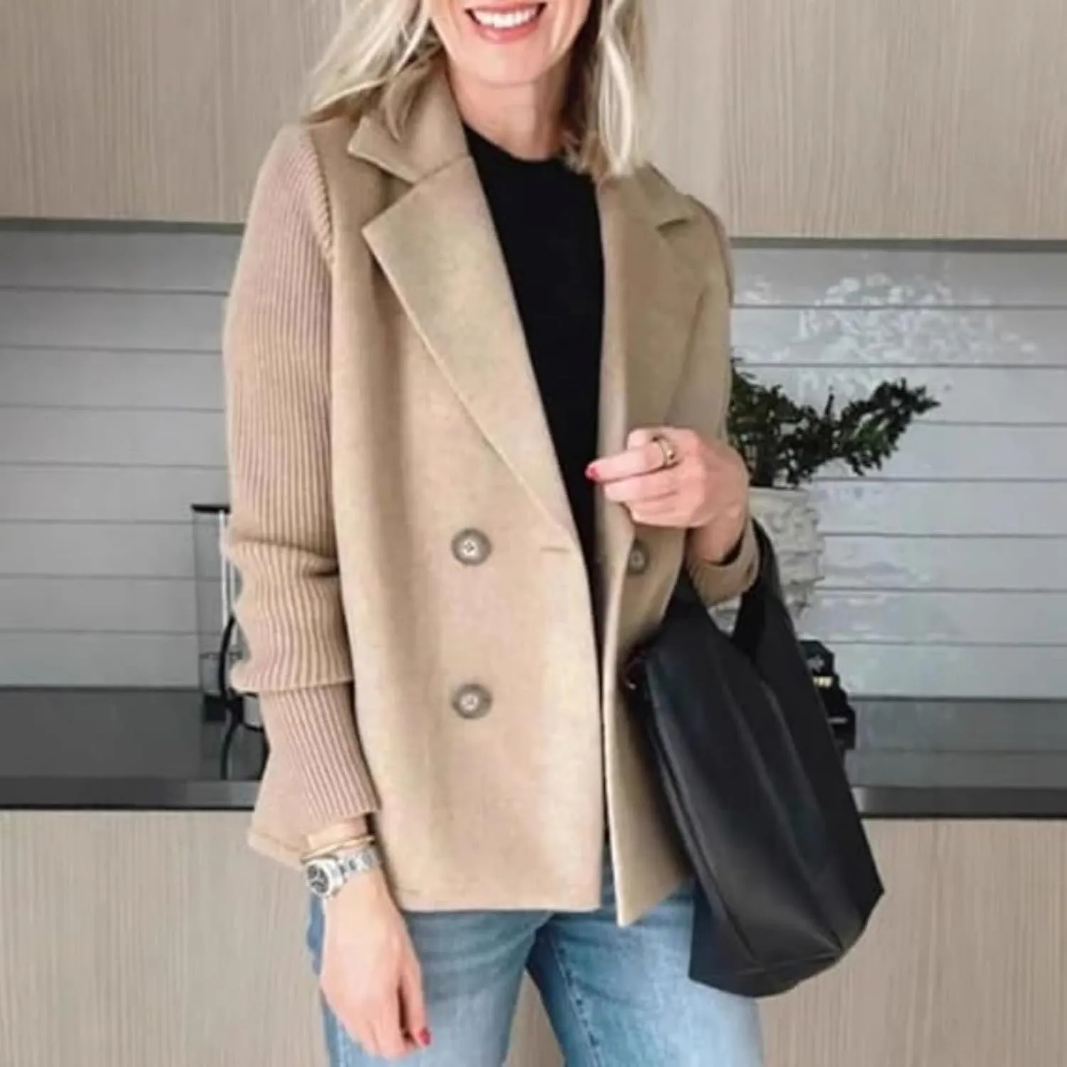 Women's Lapel Button Knitted Patchwork Sleeve Casual Coat Cropped, Patchwork Double Breasted Blazer Sweater