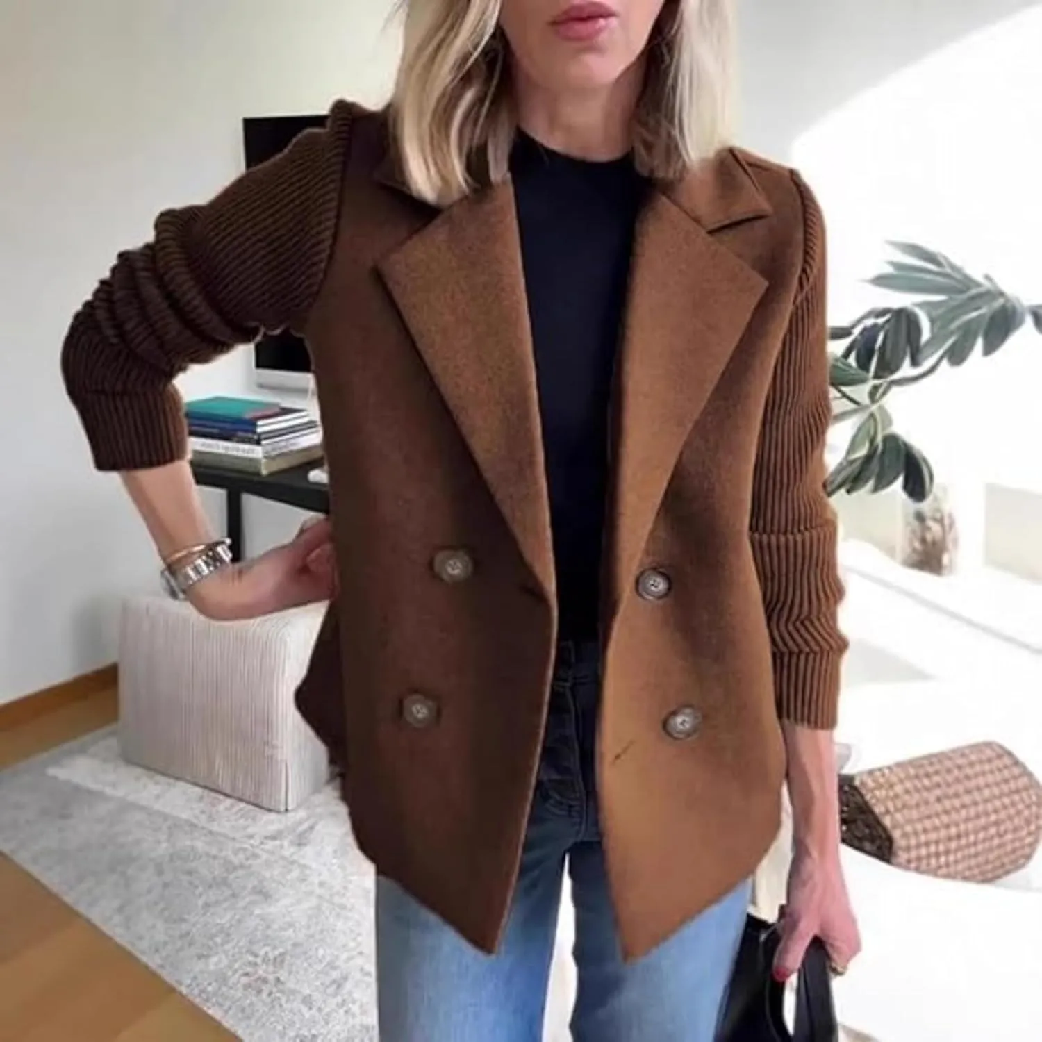 Women's Lapel Button Knitted Patchwork Sleeve Casual Coat Cropped, Patchwork Double Breasted Blazer Sweater