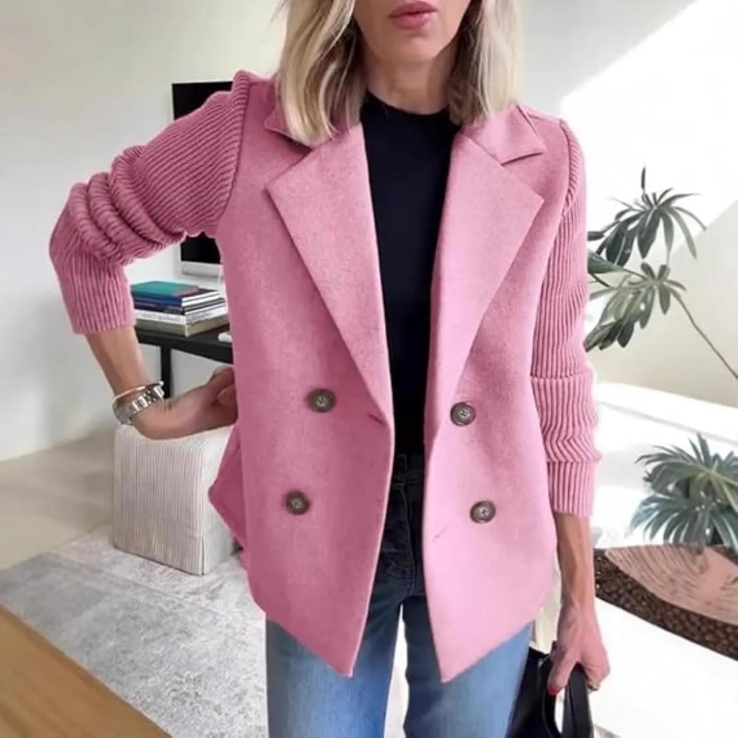 Women's Lapel Button Knitted Patchwork Sleeve Casual Coat Cropped, Patchwork Double Breasted Blazer Sweater