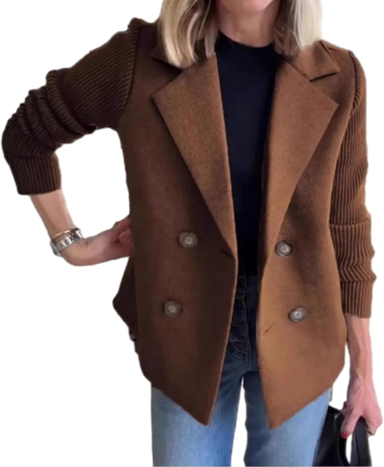 Women's Lapel Button Knitted Patchwork Sleeve Casual Coat Cropped, Patchwork Double Breasted Blazer Sweater
