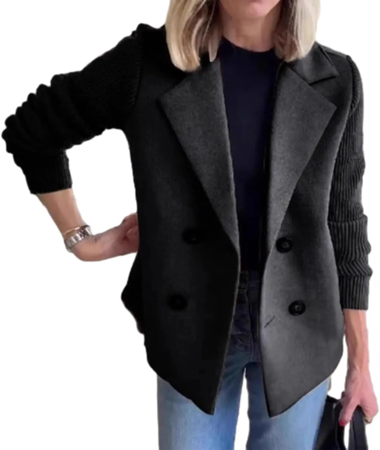 Women's Lapel Button Knitted Patchwork Sleeve Casual Coat Cropped, Patchwork Double Breasted Blazer Sweater