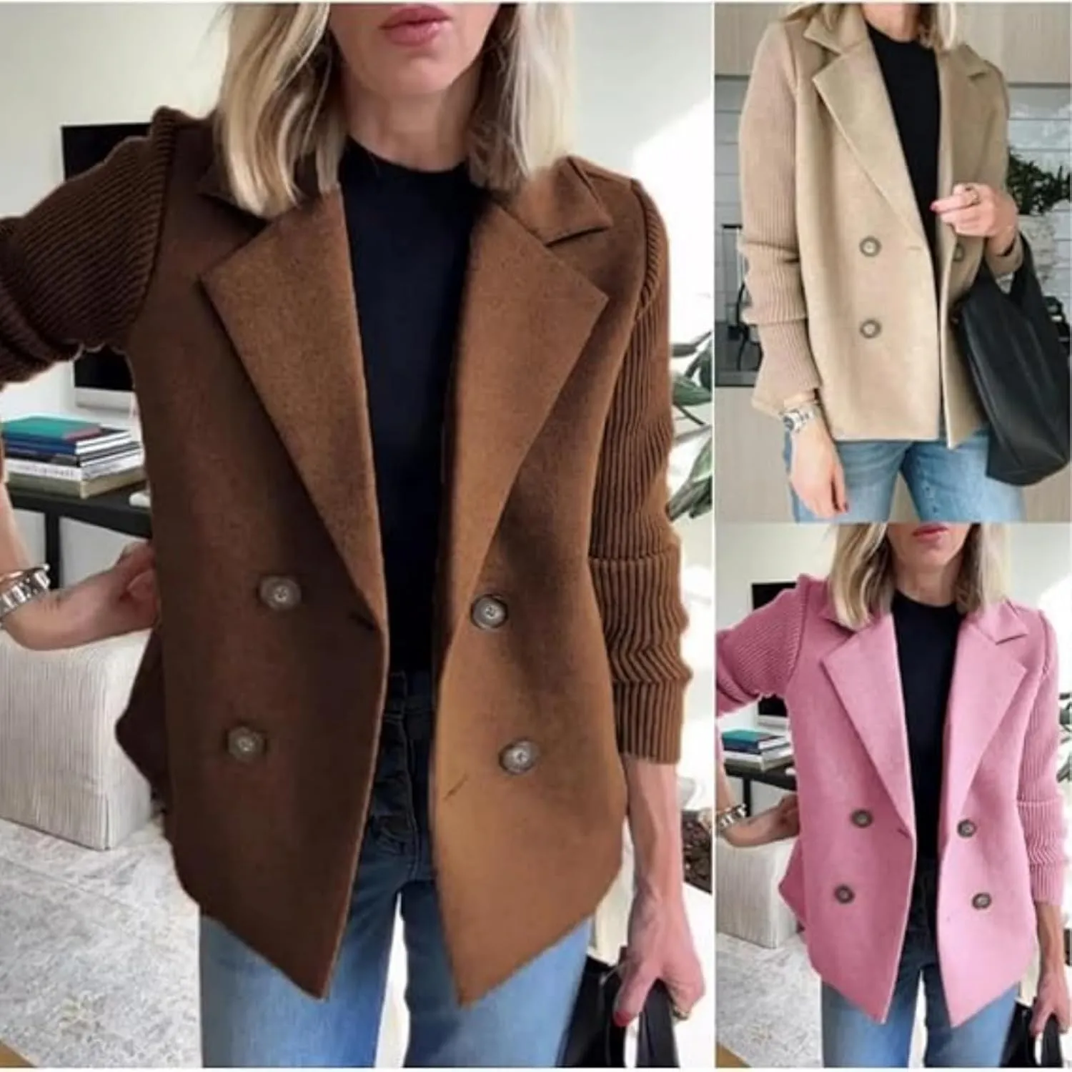 Women's Lapel Button Knitted Patchwork Sleeve Casual Coat Cropped, Patchwork Double Breasted Blazer Sweater