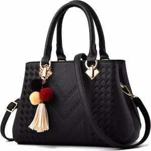 Womens Leather Handbags Purses Top-handle Totes Satchel Shoulder Bag for Ladies with Pompon and Tassel