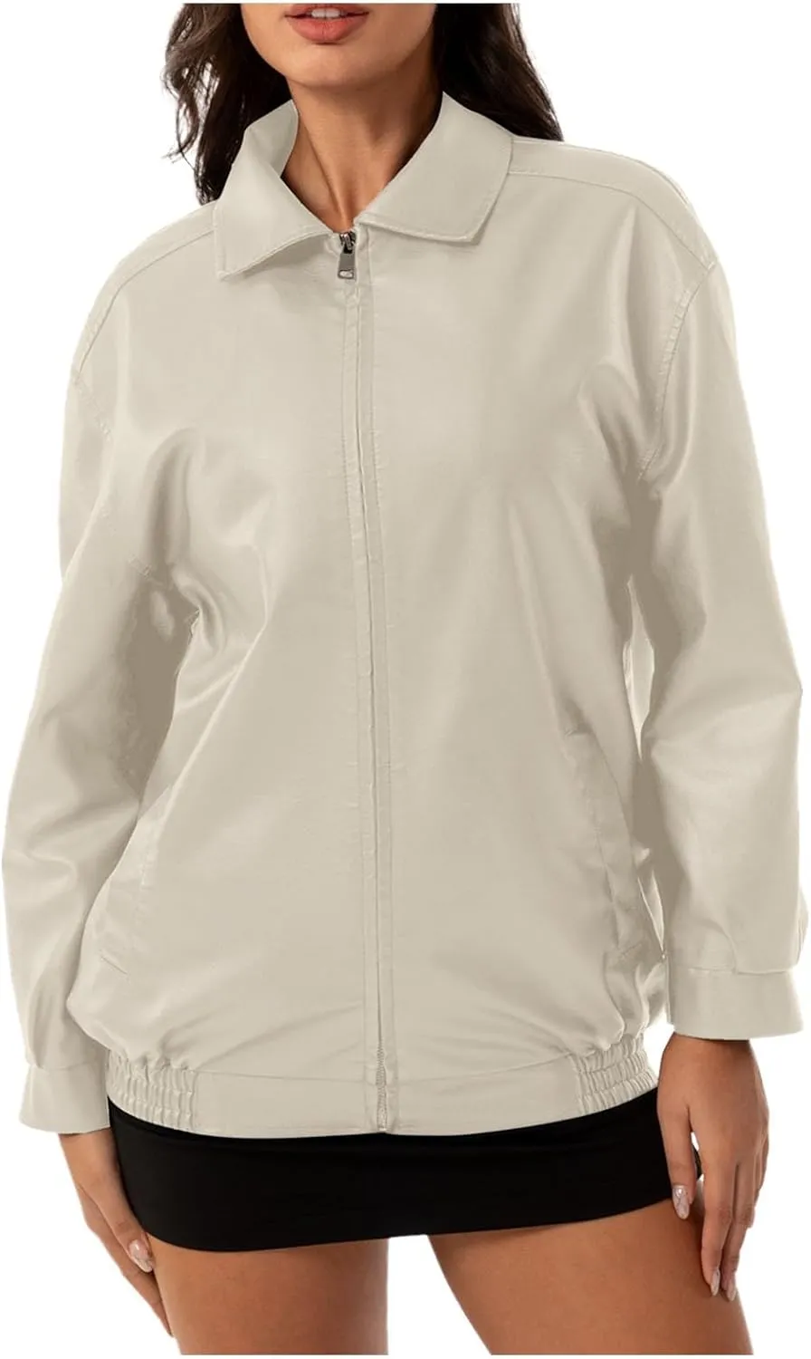 Womens Light Jackets Long Sleeve Full Zip Up Stand Collar Quilted Windbreaker Biker Coat Leather Soft Casual Fluffy