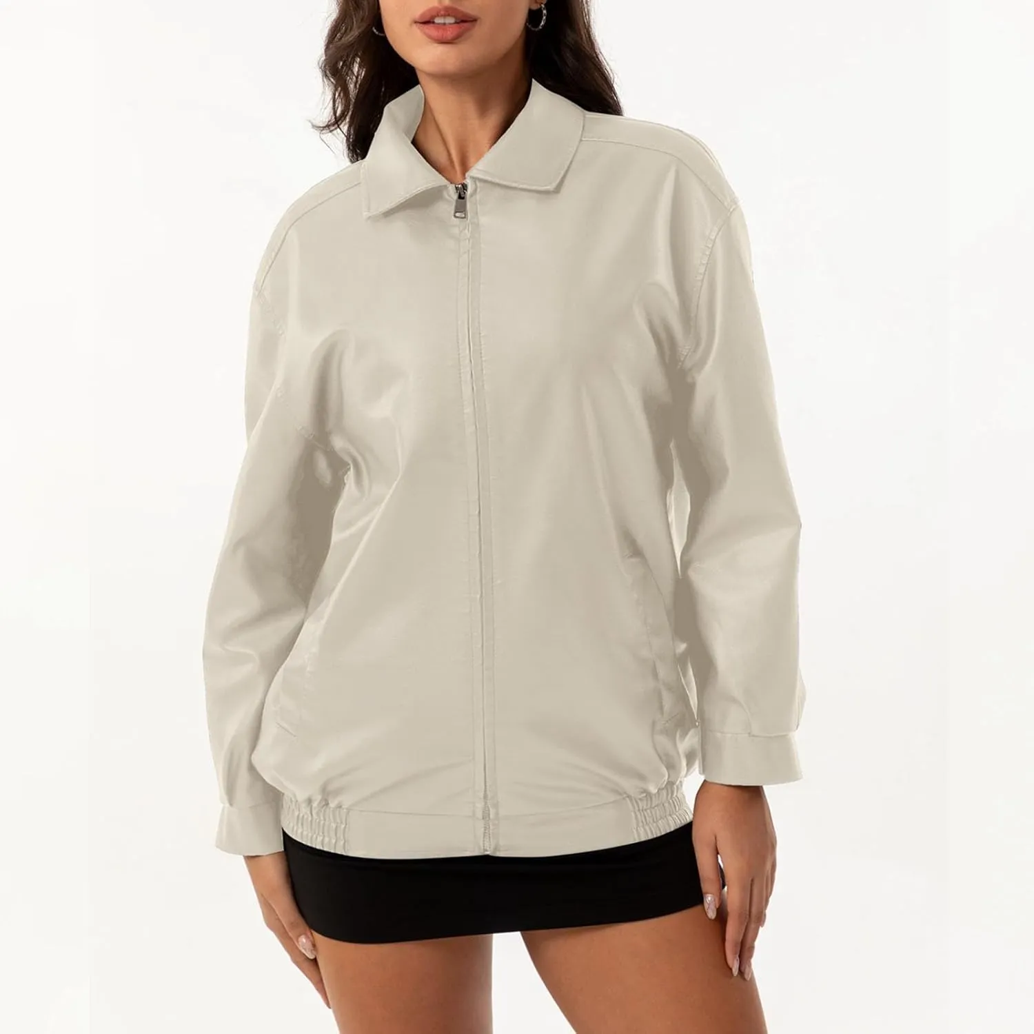 Womens Light Jackets Long Sleeve Full Zip Up Stand Collar Quilted Windbreaker Biker Coat Leather Soft Casual Fluffy