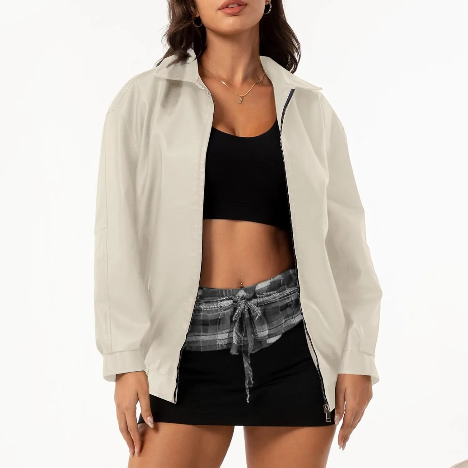 Womens Light Jackets Long Sleeve Full Zip Up Stand Collar Quilted Windbreaker Biker Coat Leather Soft Casual Fluffy