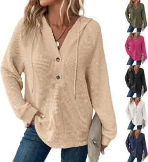 Women's Long Sleeve Waffle Knit Drawstring Hoodies Fashion Button V-Neck Casual Hooded Sweatshirts Fall Trendy Outfits