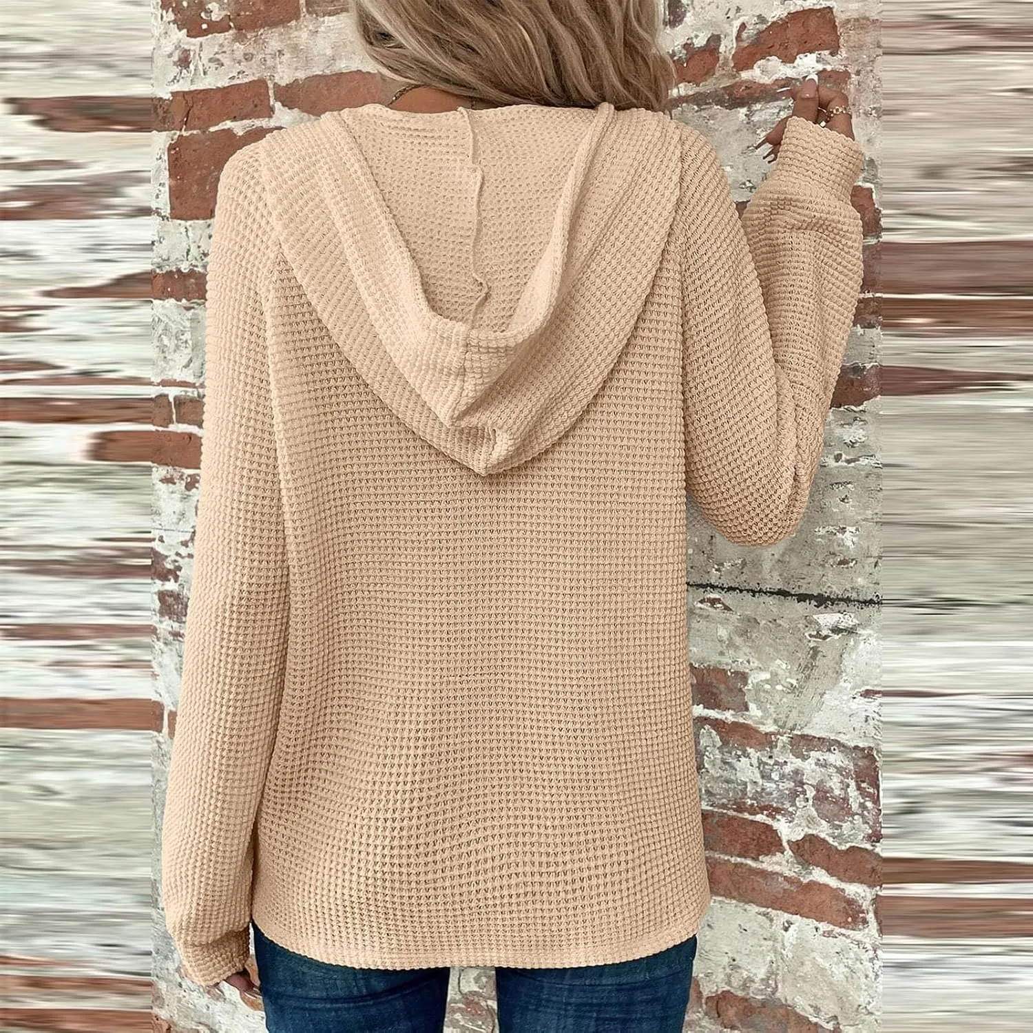 Women's Long Sleeve Waffle Knit Drawstring Hoodies Fashion Button V-Neck Casual Hooded Sweatshirts Fall Trendy Outfits