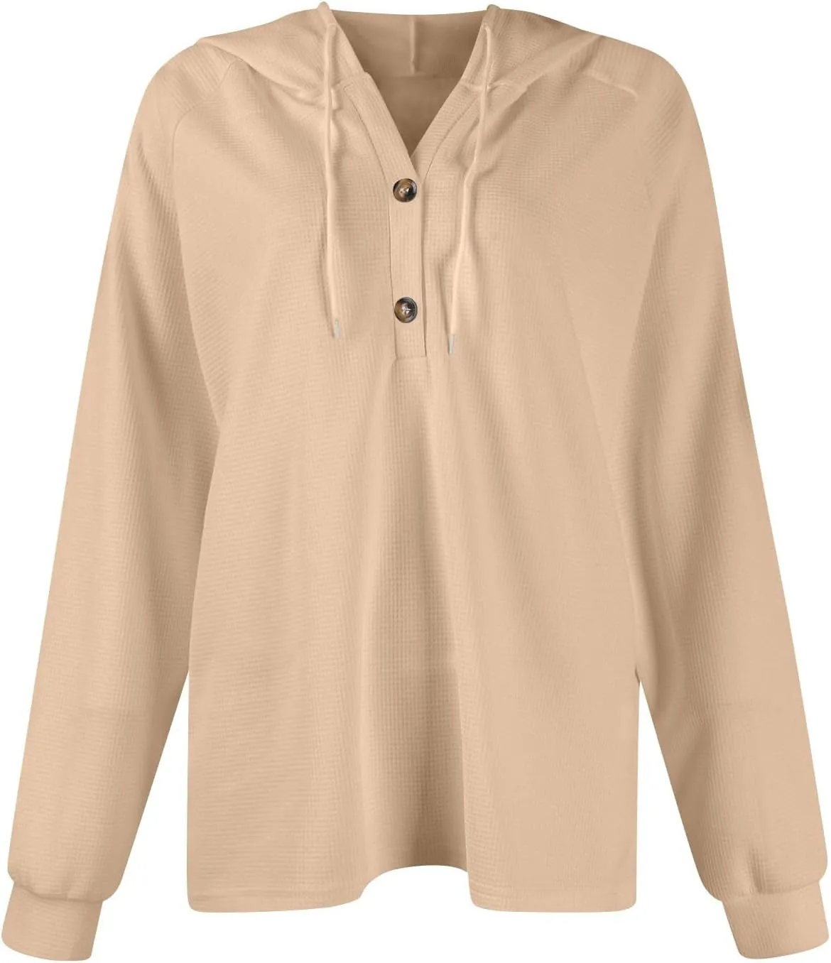 Women's Long Sleeve Waffle Knit Drawstring Hoodies Fashion Button V-Neck Casual Hooded Sweatshirts Fall Trendy Outfits