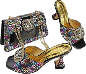 Womens Luxury Italian Style Evening Shoes and Purse Set Sparkly Crystal Accented Heels for Formal Wear