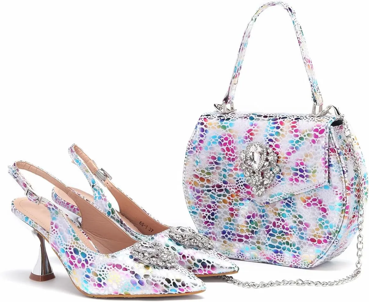 Womens Luxury Italian Style Evening Shoes and Shoulder Bag Combo Sparkly Crystal Embellished Heels for Formal Wear