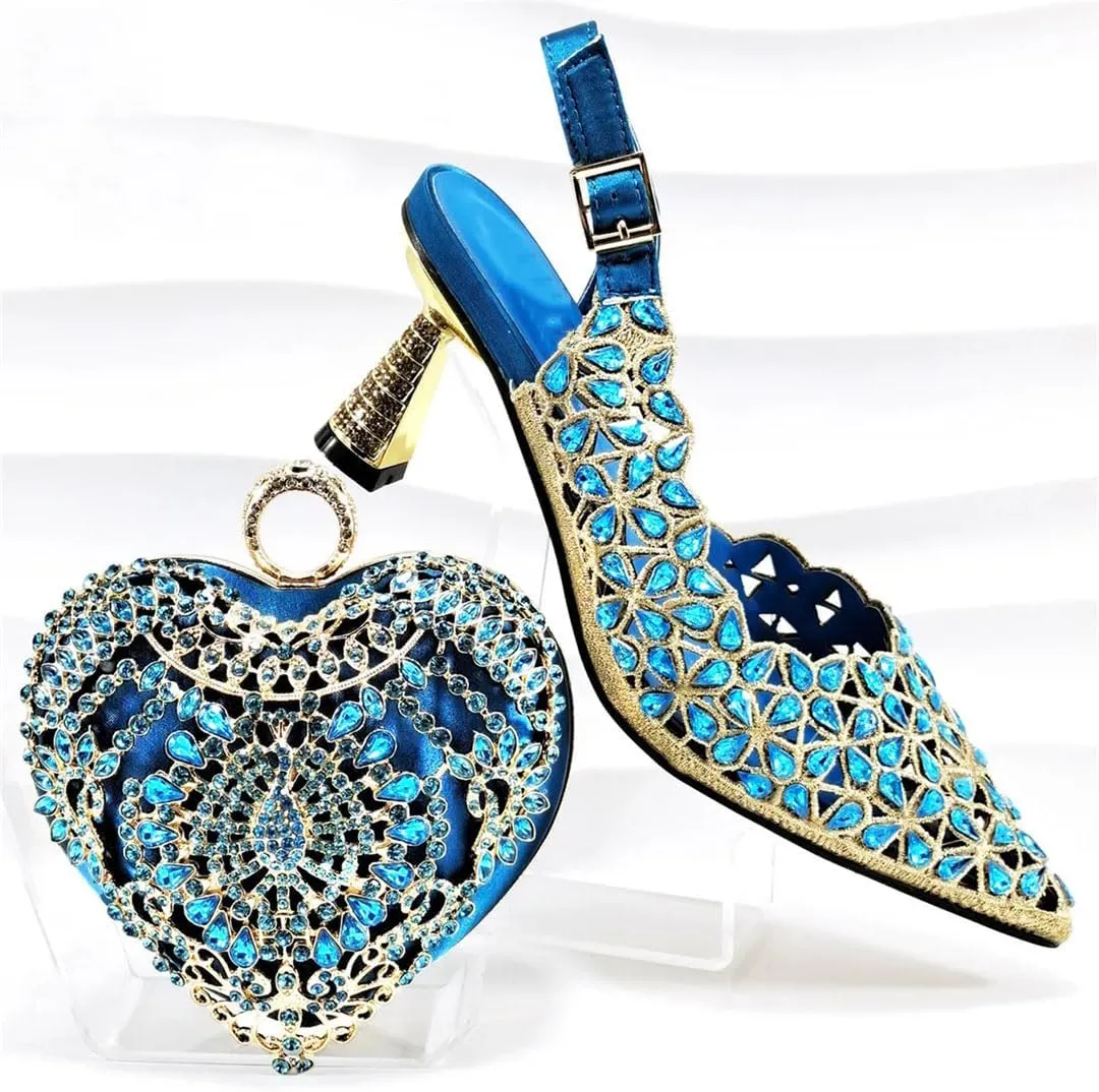 WomenS Mature Style Shoes and Bag Set for Wedding Pointed Toe High Heels Slingbacks Pumps with Small Bag