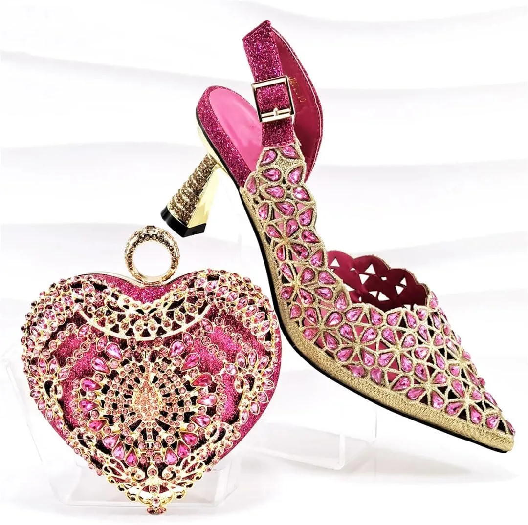 WomenS Mature Style Shoes and Bag Set for Wedding Pointed Toe High Heels Slingbacks Pumps with Small Bag