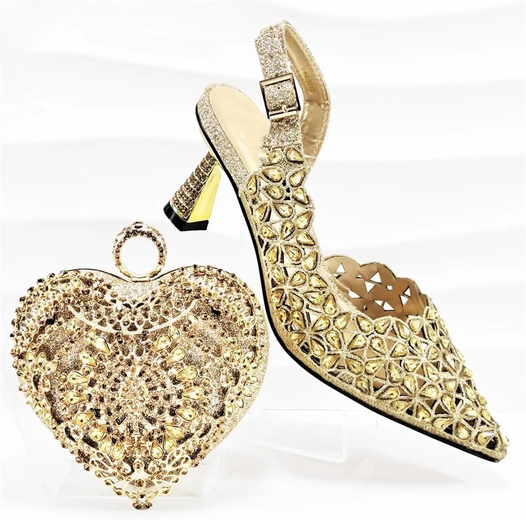 WomenS Mature Style Shoes and Bag Set for Wedding Pointed Toe High Heels Slingbacks Pumps with Small Bag