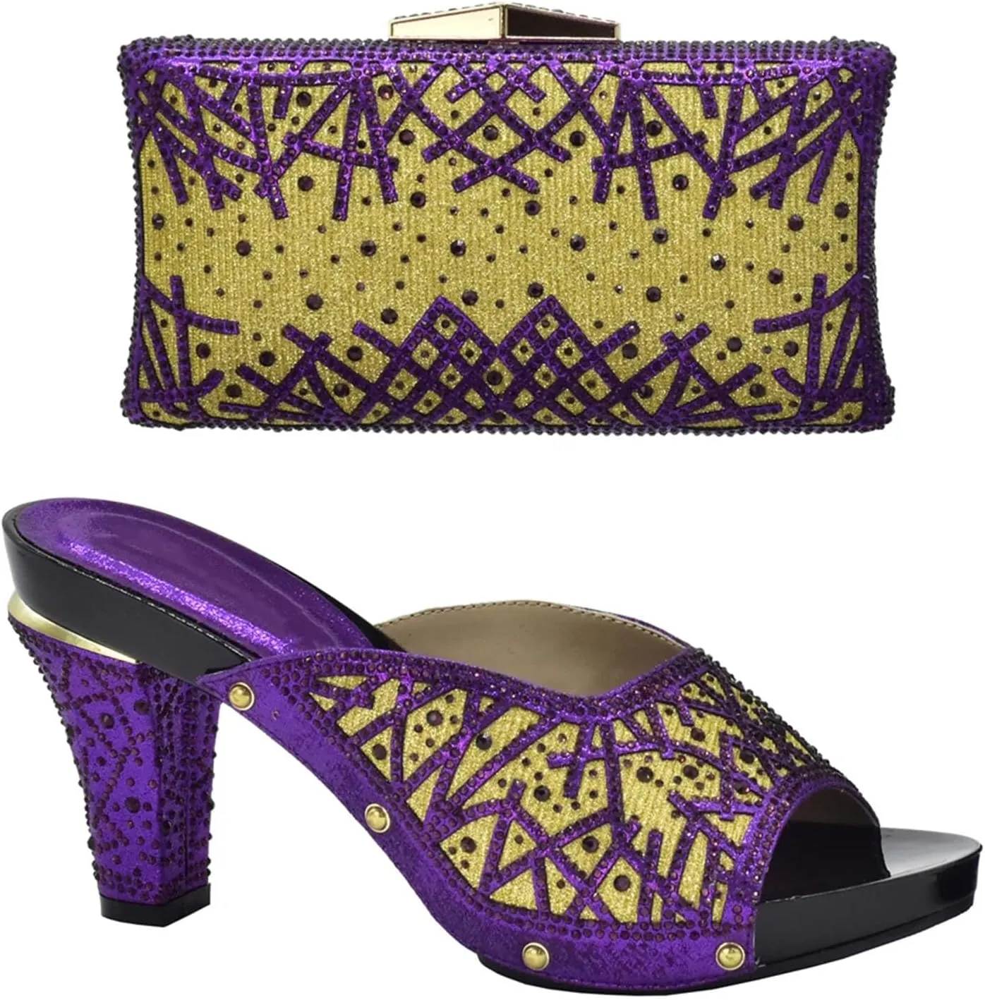 Womens Nigerian Crystal Clutch High Heels Purse for Wedding Party Italian Decorated with Rhinestone Bag and Shoes Set